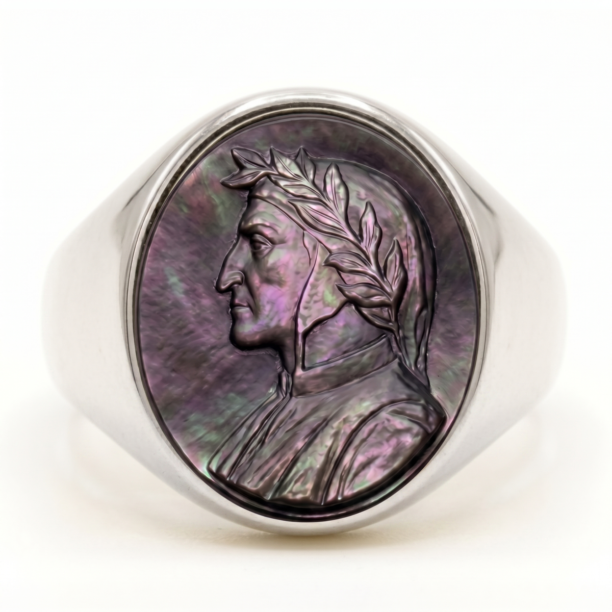 Dante Alighieri Signet Ring – Grey Tahitian Mother of Pearl Cameo, Adjustable in Silver or Bronze