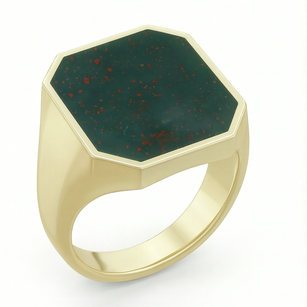 Bespoke Engraved Bloodstone Gold Signet Ring – Octagonal Shape