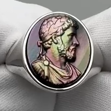 Marcus Aurelius Signet Ring – Grey Tahitian Mother of Pearl Cameo, Adjustable in Silver or Bronze
