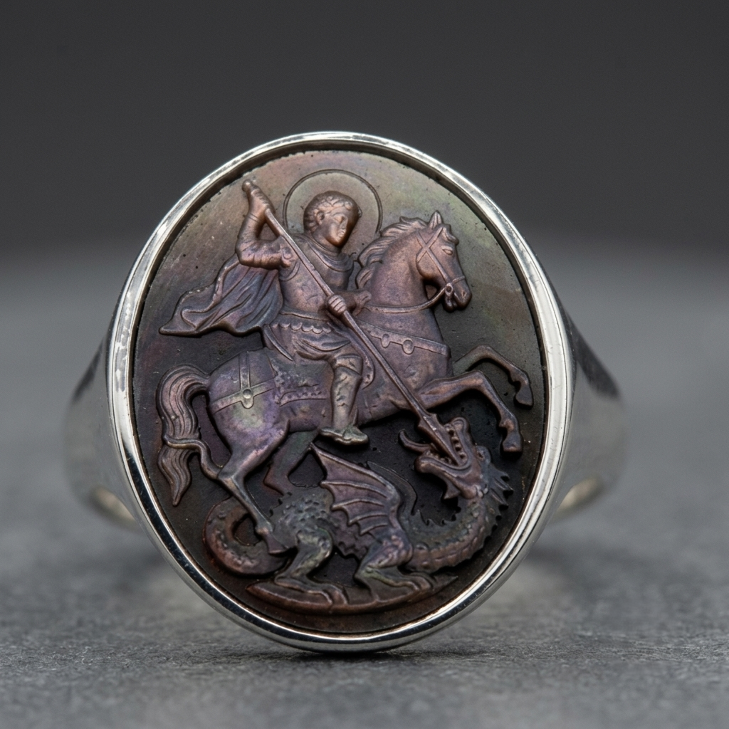 Anello con cammeo di San Giorgio inciso su madreperla grigia - Ring featuring a Saint George cameo carved in grey mother-of-pearl.