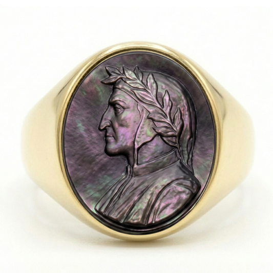 Dante Alighieri Signet Ring – Grey Tahitian Mother of Pearl Cameo, Adjustable in Silver or Bronze