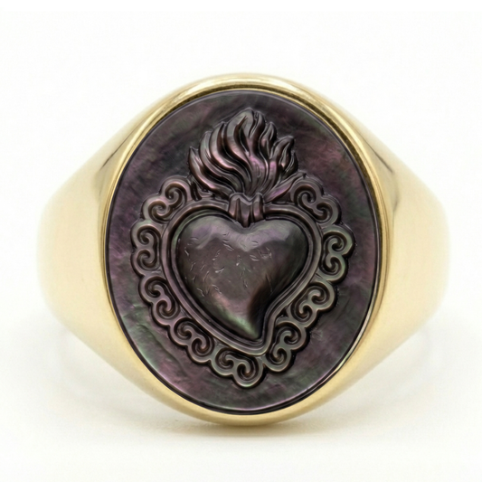 Sacred Heart Signet Ring – Grey Mother-of-Pearl Cameo, Adjustable in Silver or Bronze