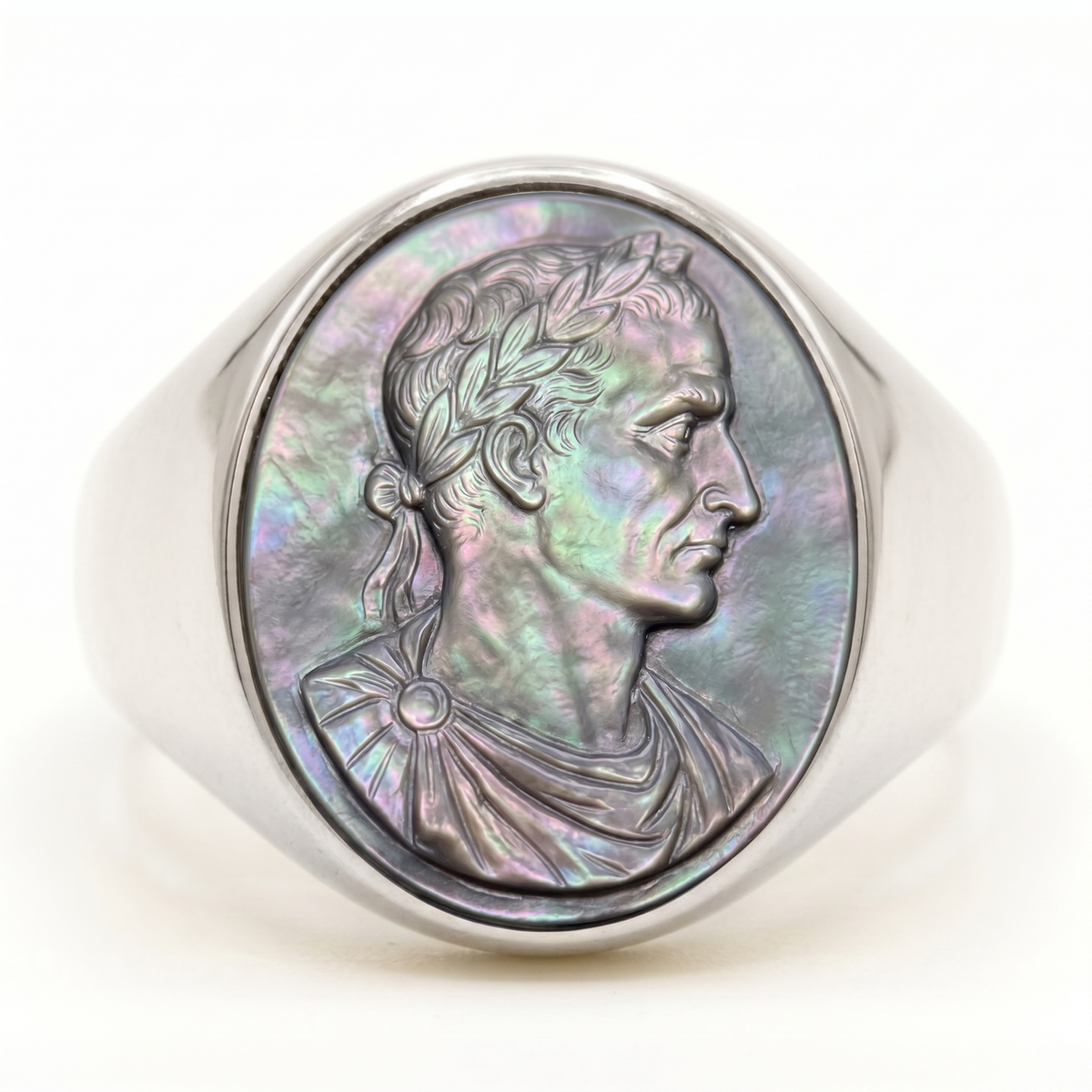 Julius Caesar Signet Ring – Grey Tahitian Mother of Pearl Cameo, Adjustable in Silver or Bronze