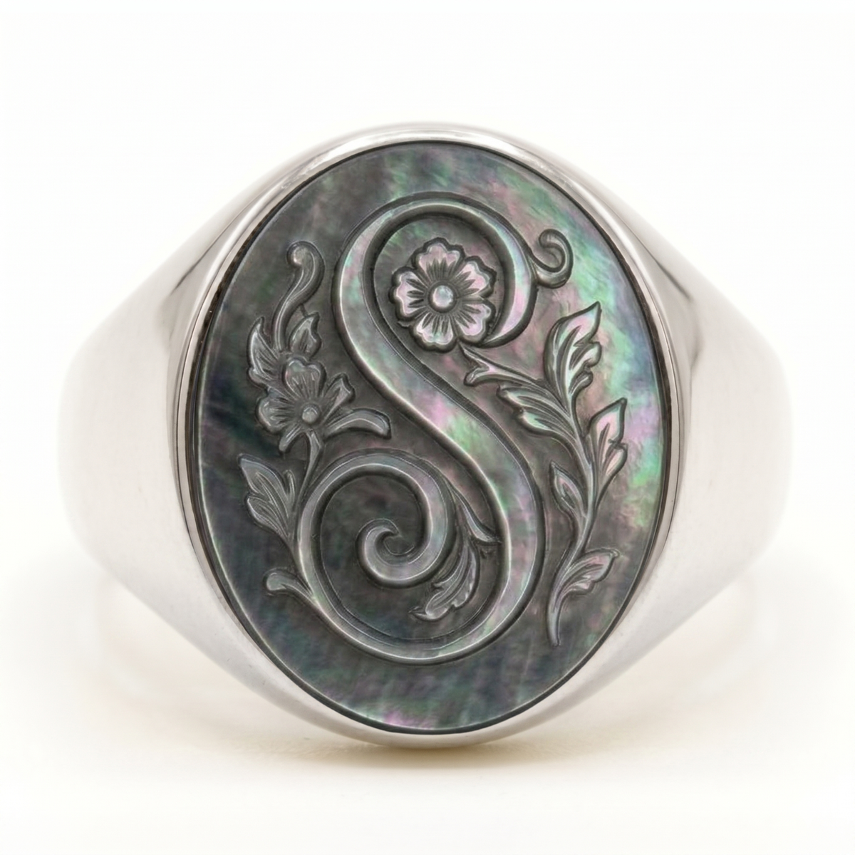 SILVER INITIAL S CAMEO SIGNET RING