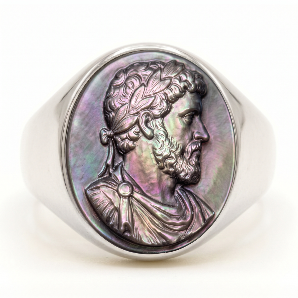 Marcus Aurelius Signet Ring – Grey Tahitian Mother of Pearl Cameo, Adjustable in Silver or Bronze