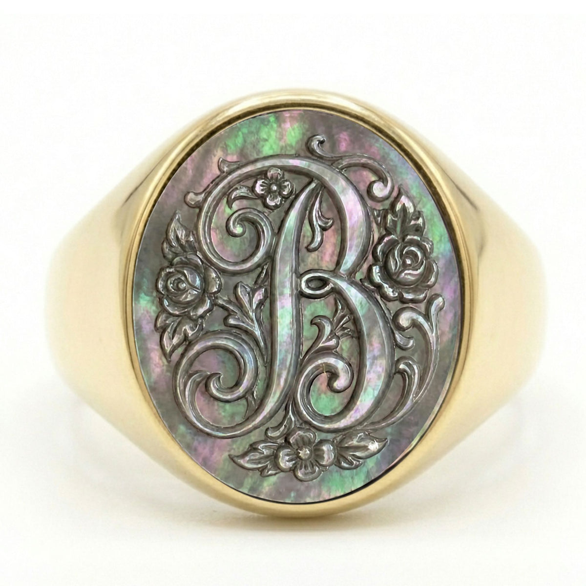 Signet ring with initial B – Grey mother-of-pearl cameo – Adjustable