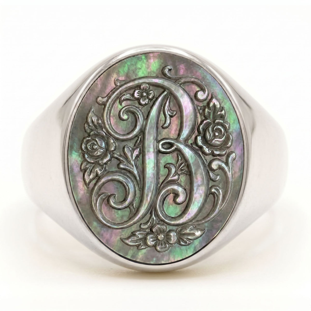 Signet ring with initial B – Grey mother-of-pearl cameo – Adjustable