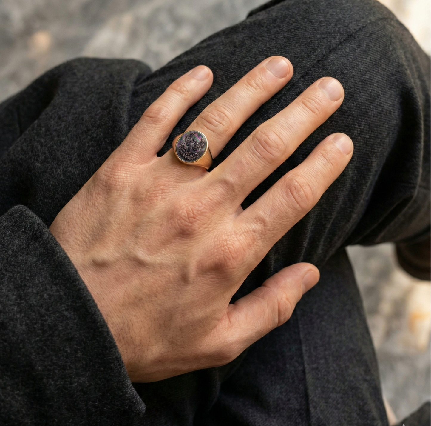 Phoenix Signet Ring – Cameo in Grey Tahitian Mother of Pearl, Adjustable in Sterling Silver or Bronze