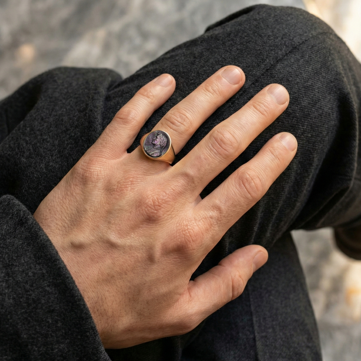 Dante Alighieri Signet Ring – Grey Tahitian Mother of Pearl Cameo, Adjustable in Silver or Bronze