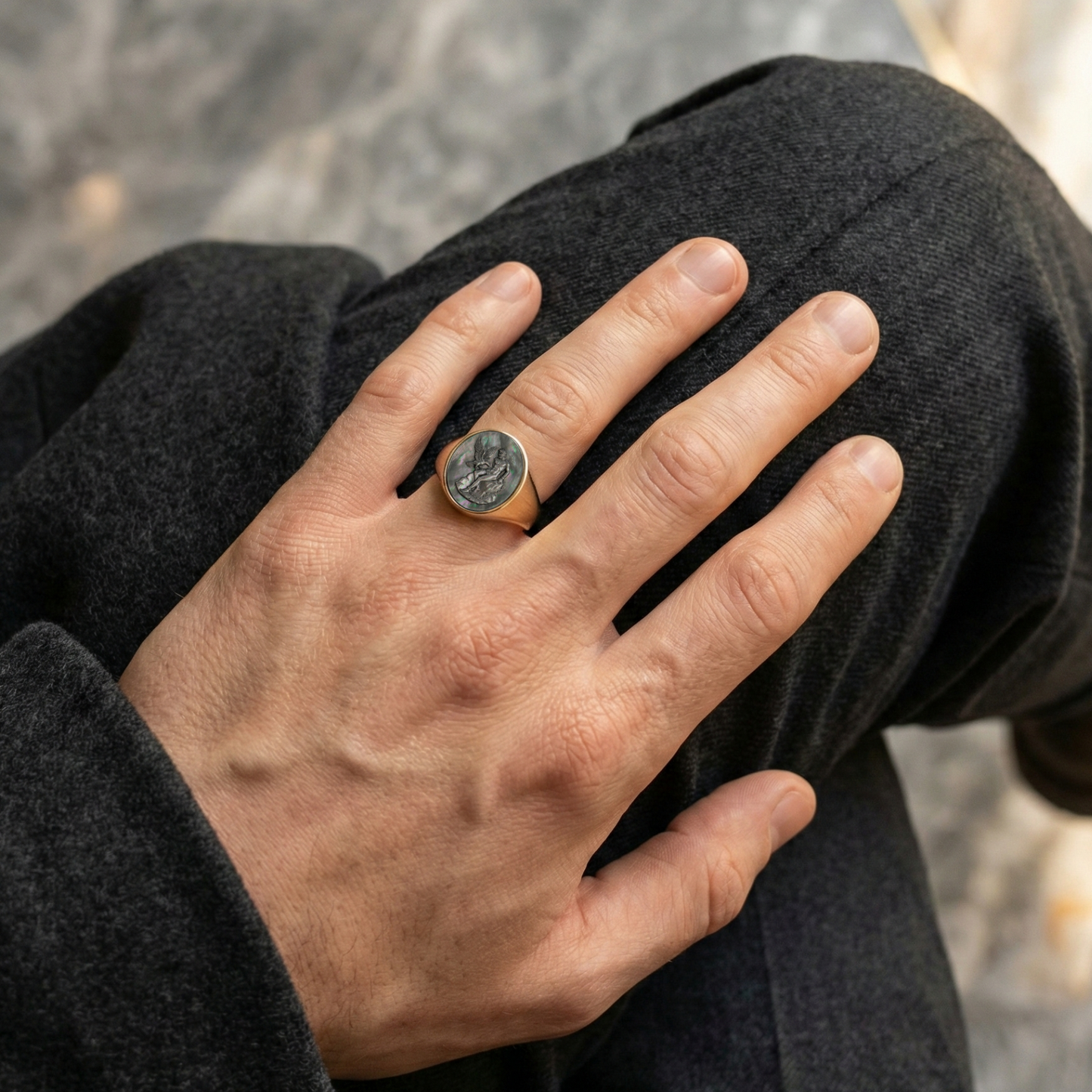 Prometheus Signet Ring – Cameo in Grey Tahitian Mother of Pearl, Adjustable in Sterling Silver or Bronze