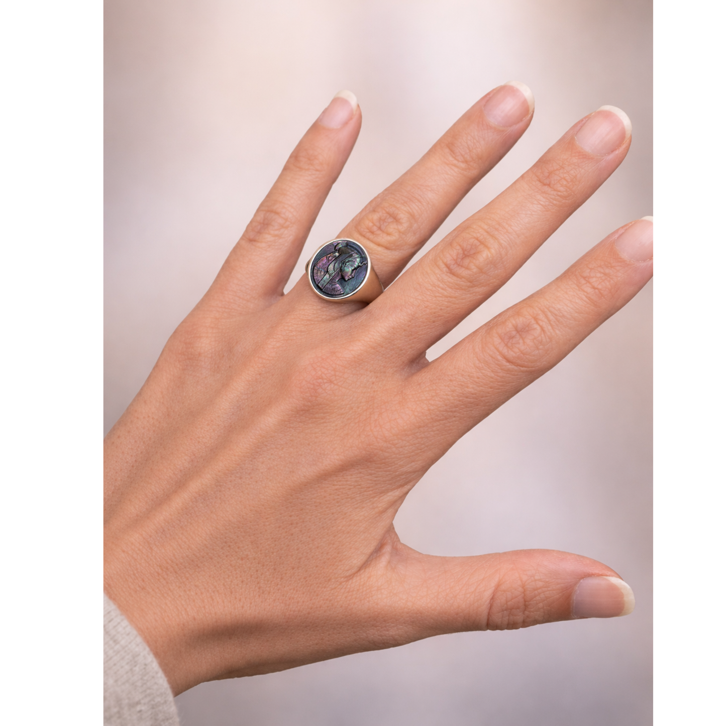 Cleopatra Signet Ring – Grey Tahitian Mother of Pearl Cameo, Adjustable in Silver or Bronze
