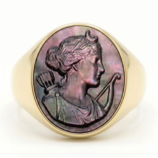 Artemis Signet Ring – Mythological Cameo in Grey Tahitian Mother of Pearl, Adjustable in Sterling Silver or Bronze