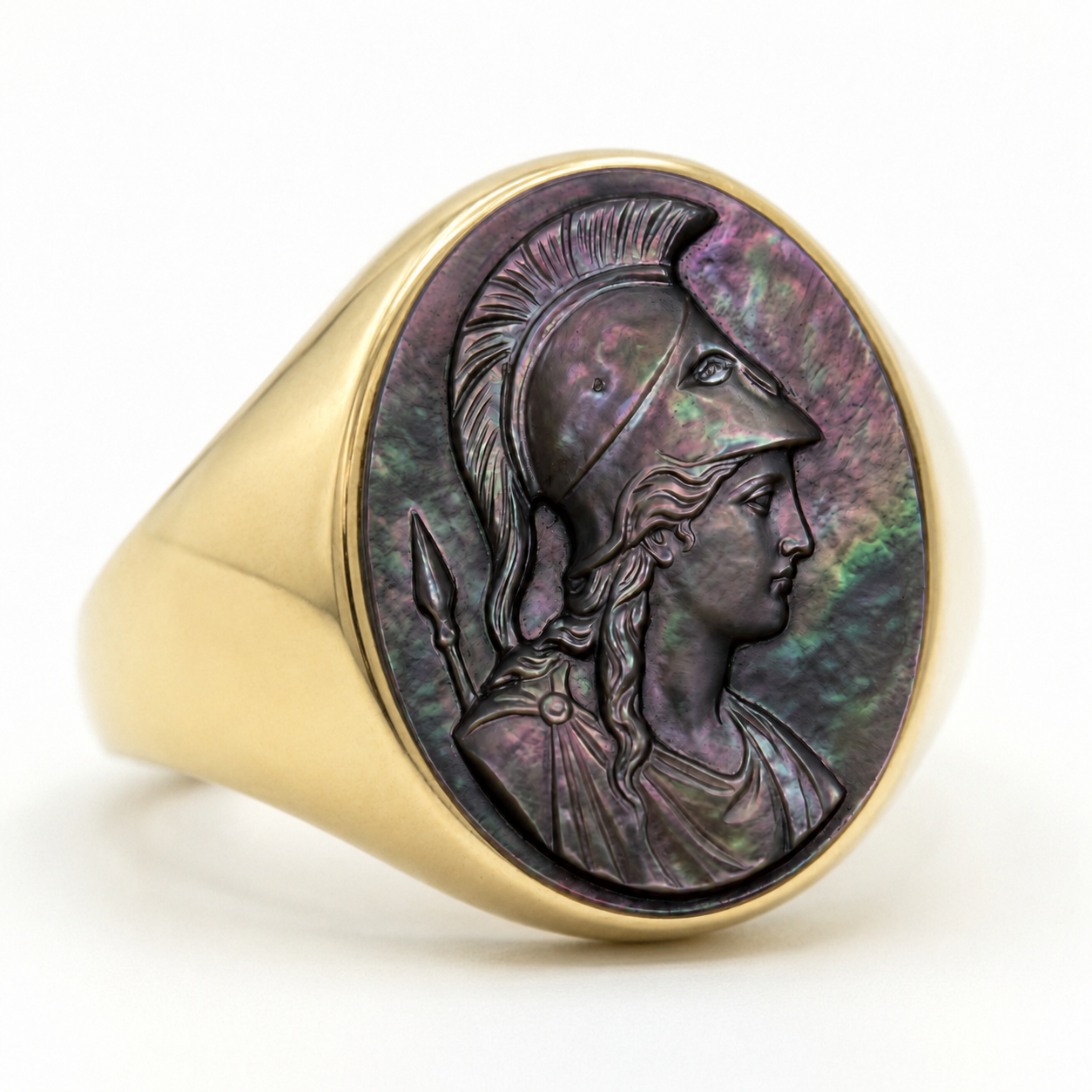 Anello Sigillo Atena – Cameo Mitologico in Madreperla Tahitiana Grigia, Regolabile in Argento o Bronzo