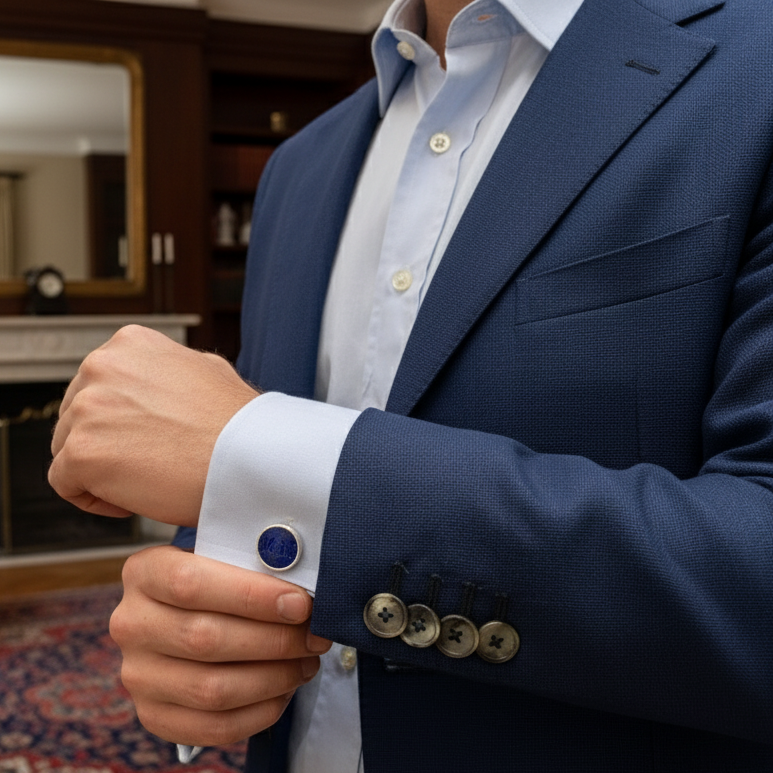 Cufflinks with personalized initials engraved on Lapis Lazuli