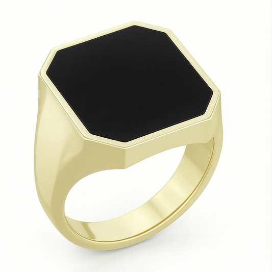 Octagonal Chevalier Signet Ring in Gold with Custom Engraving on Black Onyx