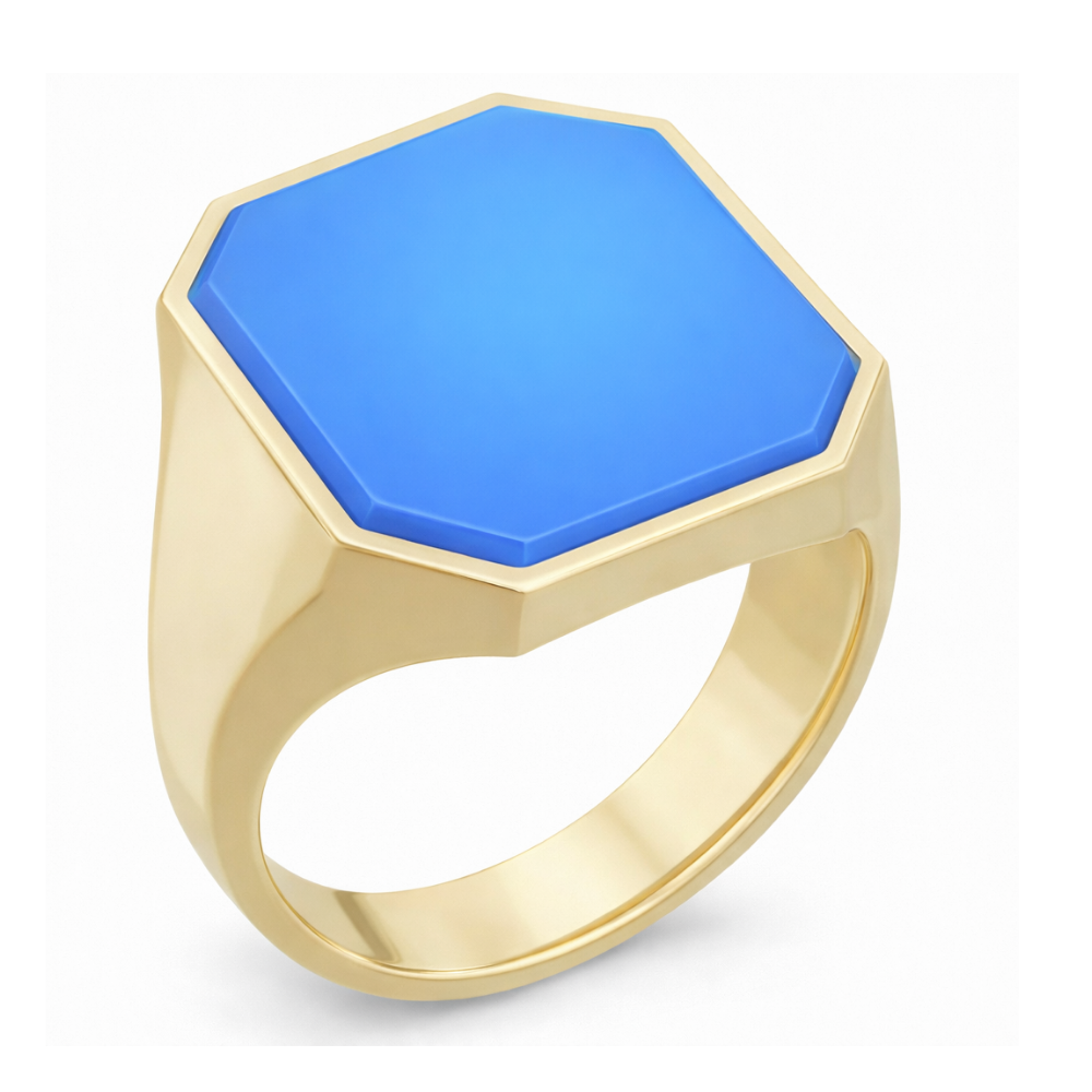 Anello chevalier in oro con agata blu incisa personalizzata - forma ottagonale