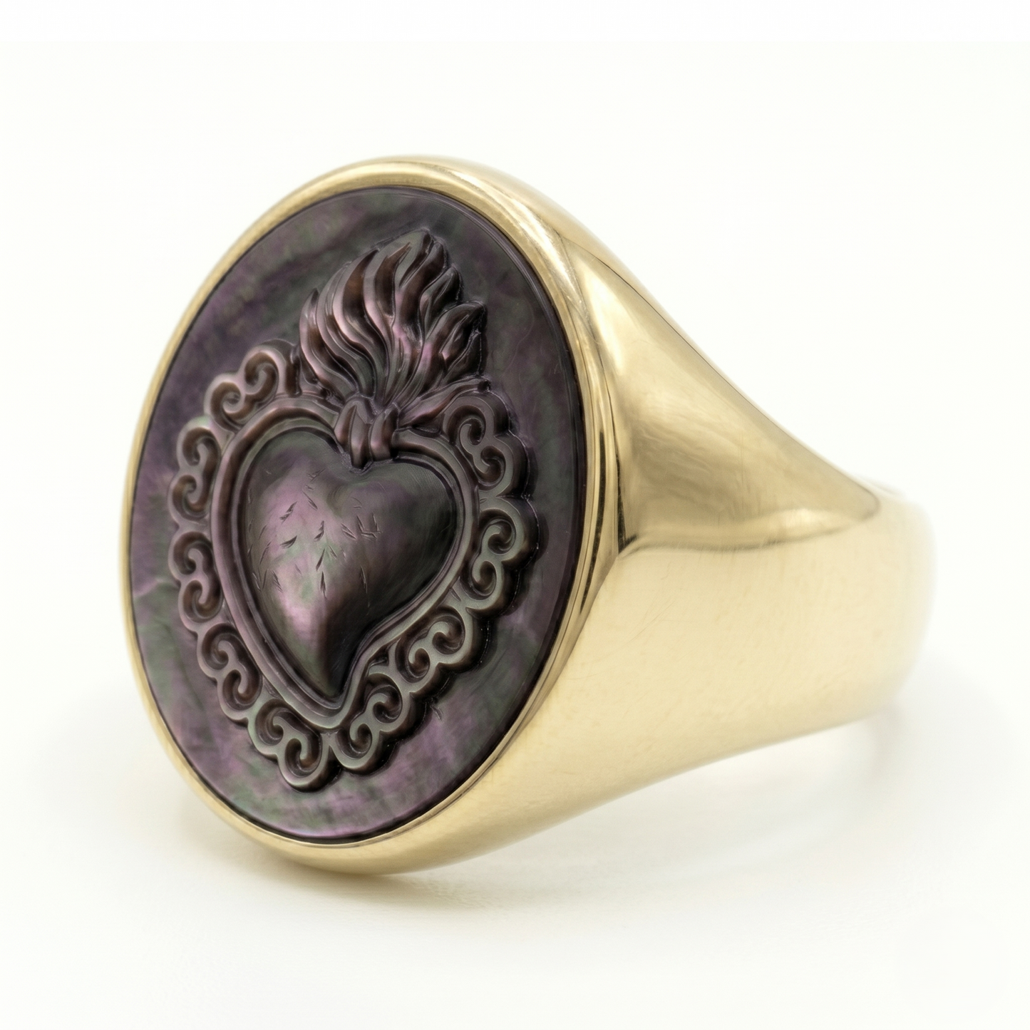 Anello sigillo Cuore Sacro – Cammeo in madreperla grigia, regolabile in argento o bronzo