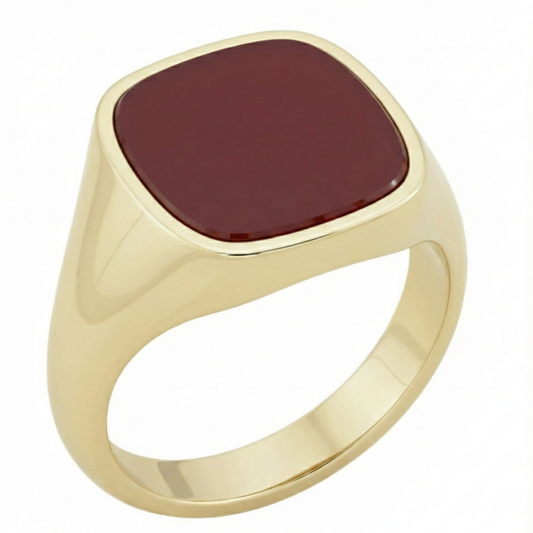 Cushion Chevalier Signet Ring in Gold with Custom Engraving on Red Carnelian
