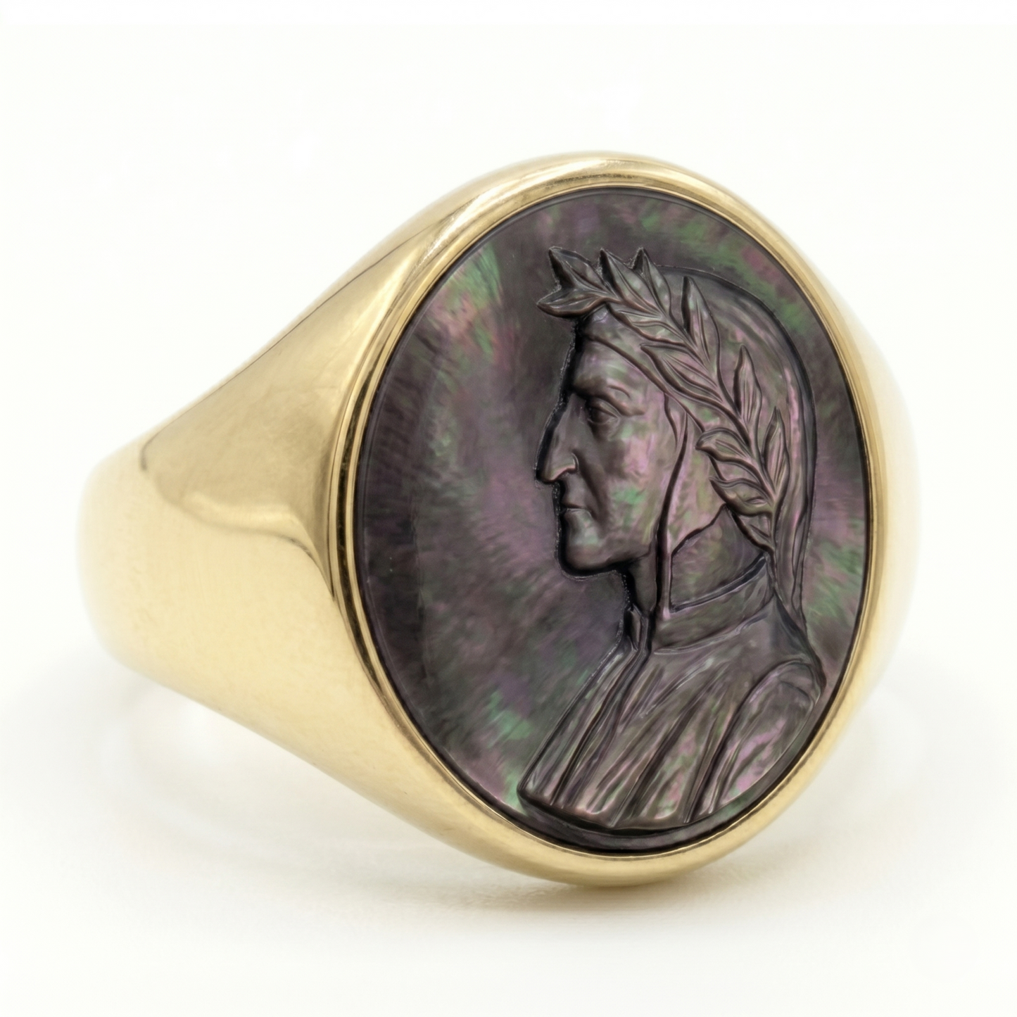Dante Alighieri Signet Ring – Grey Tahitian Mother of Pearl Cameo, Adjustable in Silver or Bronze