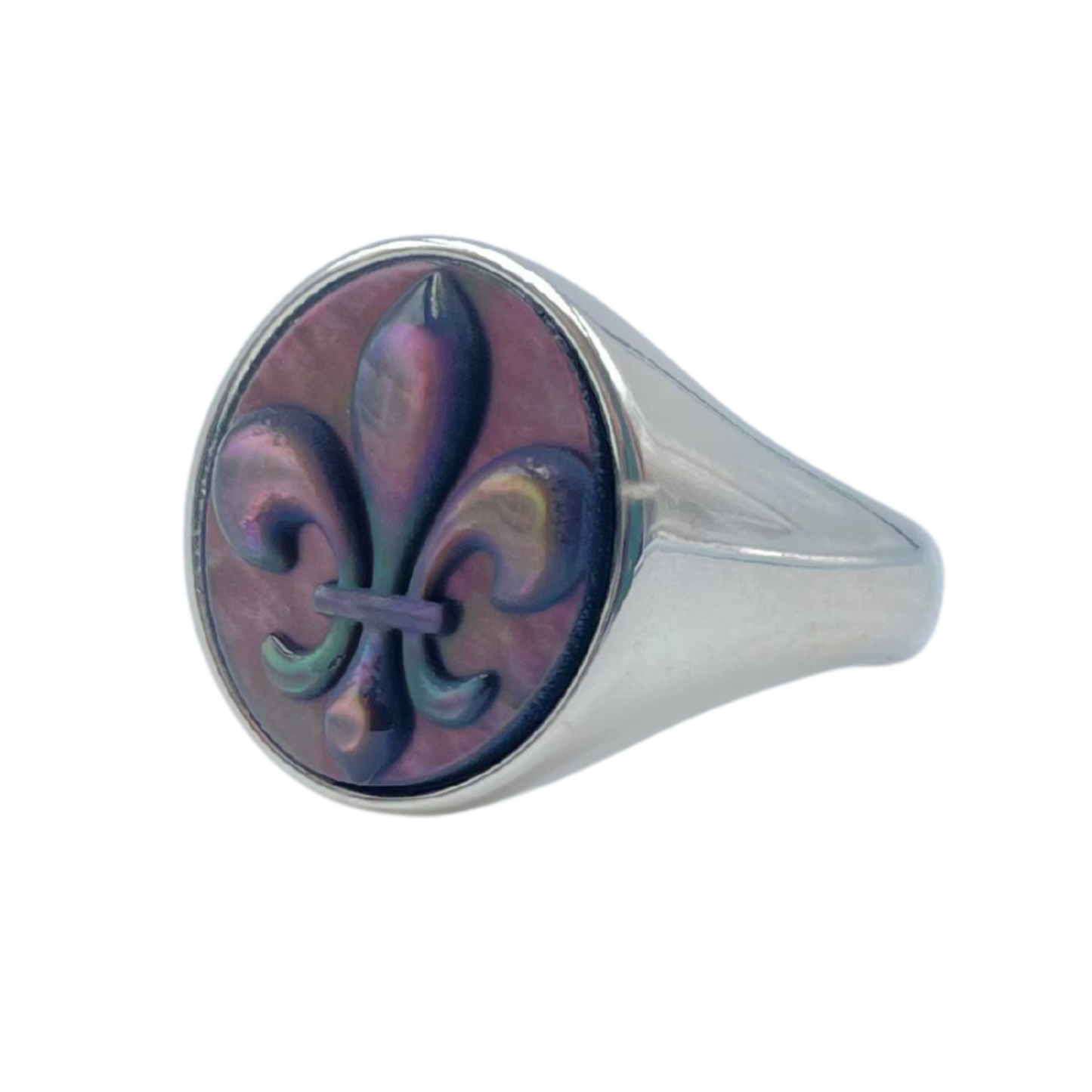 Fleur-de-Lis Signet Ring – Grey Mother-of-Pearl Cameo, Adjustable in Silver or Bronze