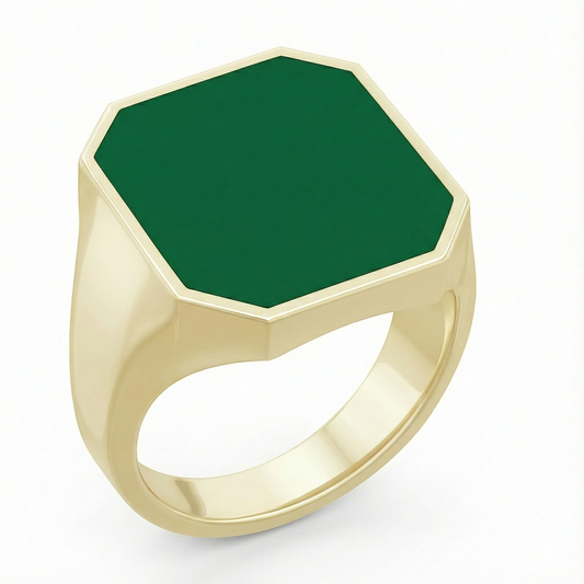 Octagonal Chevalier Signet Ring in Gold with Custom Engraving on Green Agate