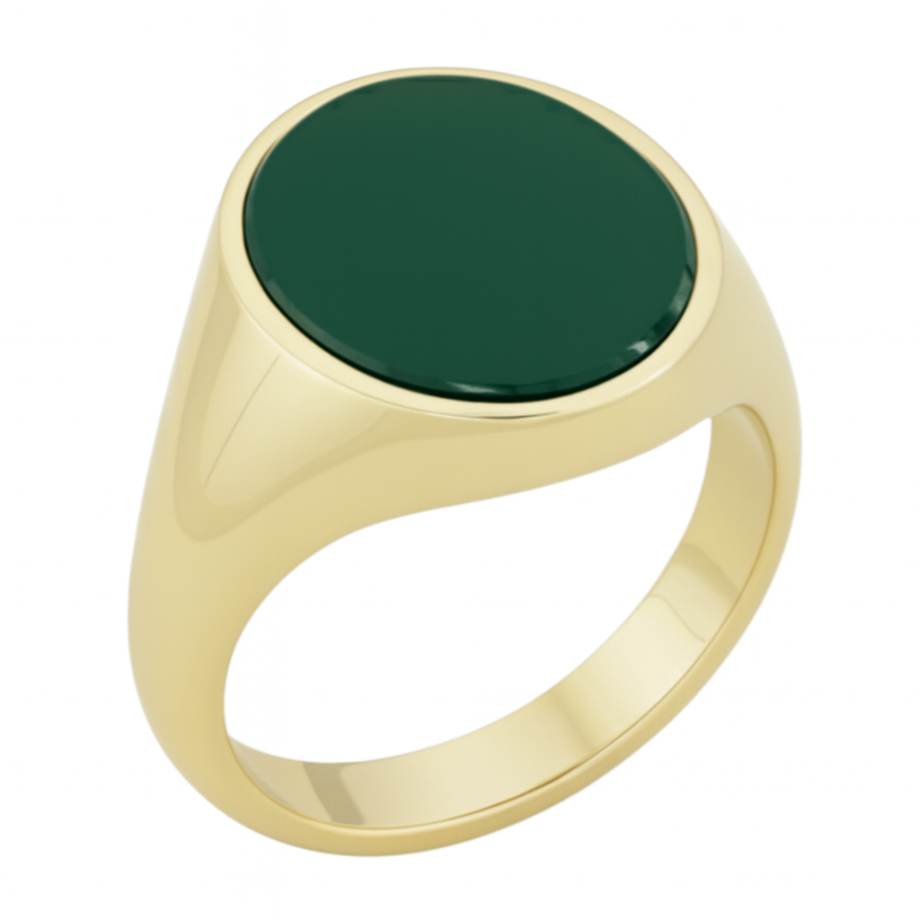Oval Chevalier Signet Ring in Gold with Custom Engraving on Green Agate