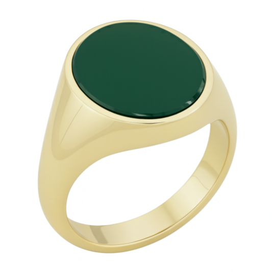 Oval Chevalier Signet Ring in Gold with Custom Engraving on Green Agate