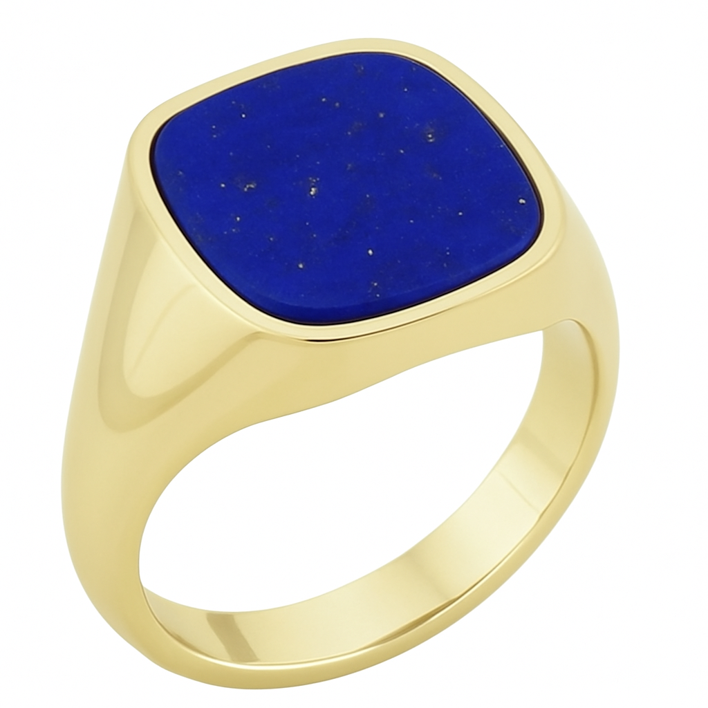 Cushion Chevalier Signet Ring in Gold with Custom Engraving on Lapis Lazuli