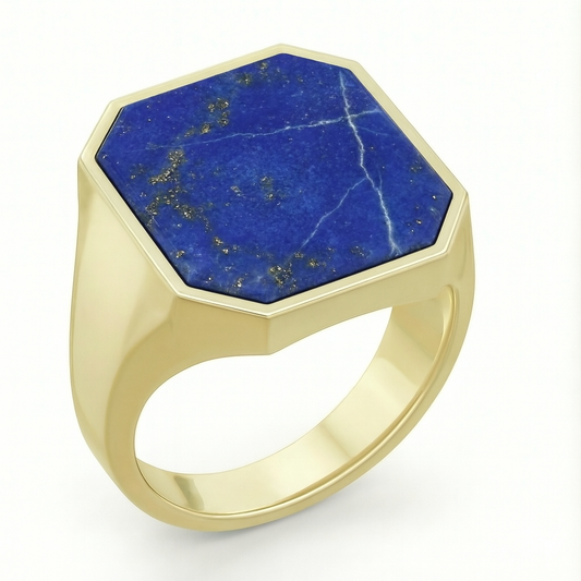Octagonal Chevalier Signet Ring in Gold with Custom Engraving on Lapis Lazuli