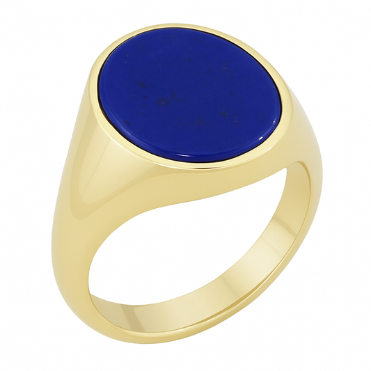 Oval Chevalier Signet Ring in Gold with Custom Engraving on Lapis Lazuli