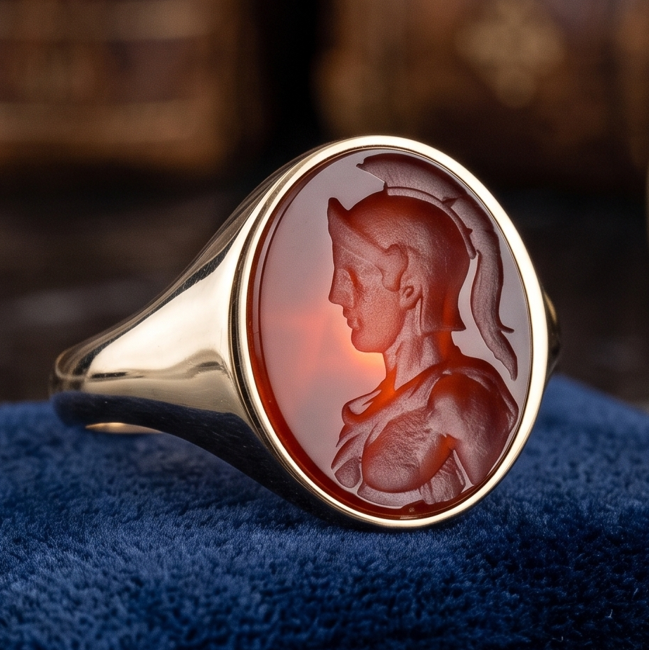 Mars intaglio signet ring, engraved carnelian intaglio