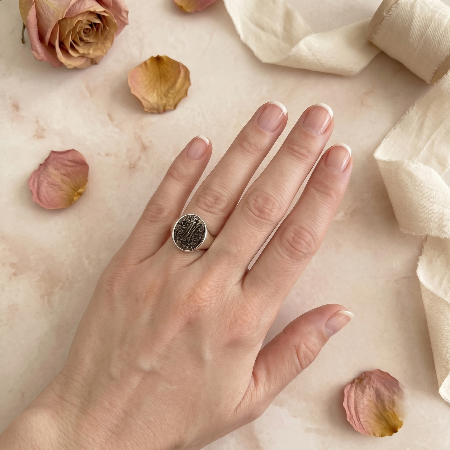 Initial M Signet Ring – Grey Mother of Pearl Cameo – Adjustable in Silver or Bronze