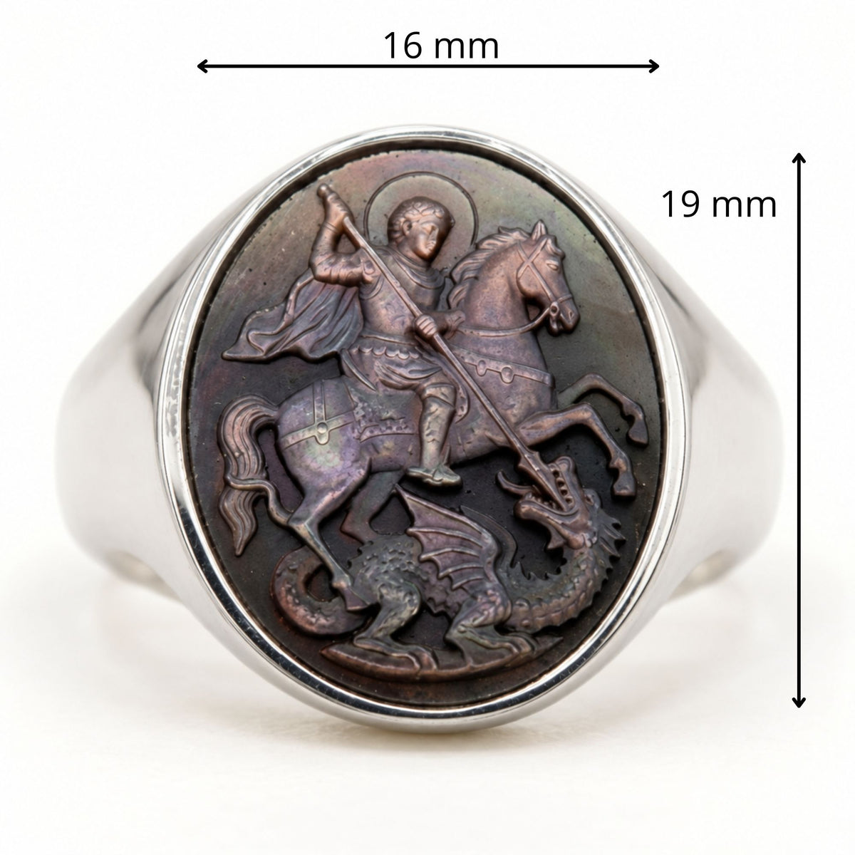 Saint George Signet Ring – Grey Tahitian Mother-of-Pearl Cameo (Adjustable)