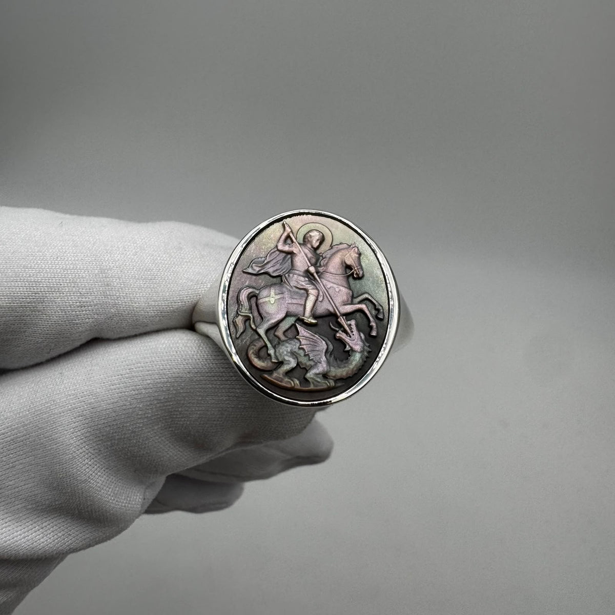 Saint George Signet Ring – Grey Tahitian Mother-of-Pearl Cameo (Adjustable)